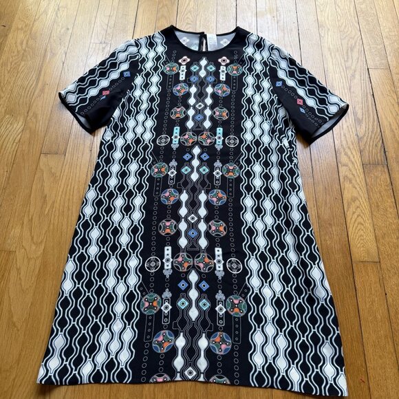 Peter Pilotto Size 8 Black Geometric Silk Short Sleeve Mini Shift Dress - Picture 2 of 16